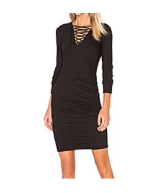 Pam & Gela Black Lace-Up V-Neck Long Sleeve Bodycon Dress